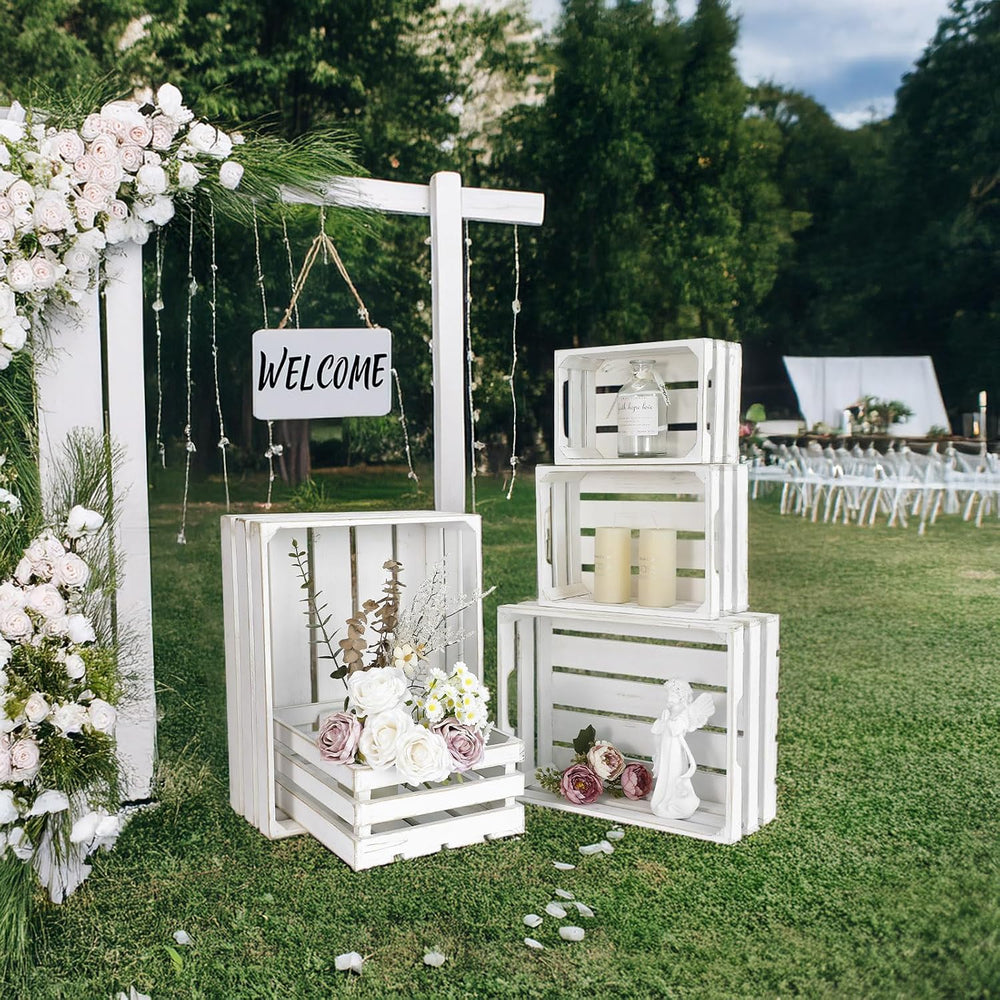 5-Piece Rustic White Wooden Crates Set, Wall Mountable Slatted Storage Crates...