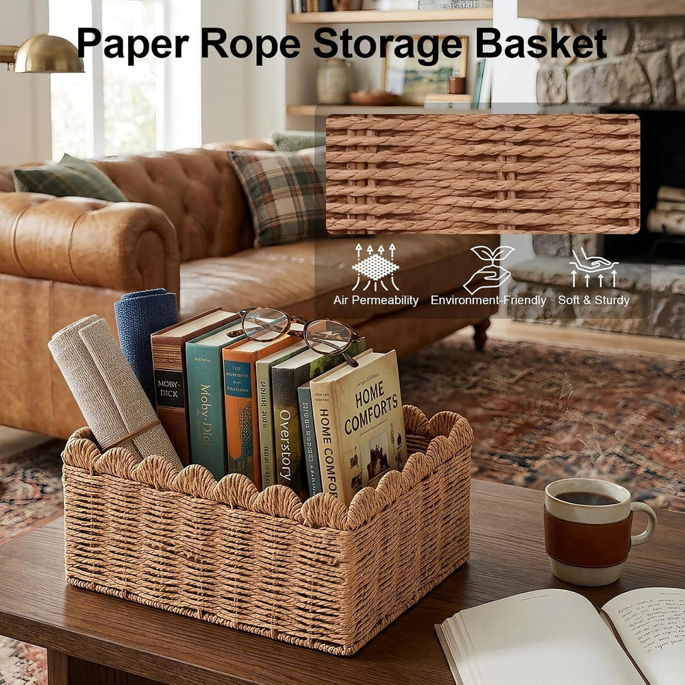 3 Pcs Wicker Storage Baskets for Shelves Picnic Basket,Scalloped Baskets, Han...
