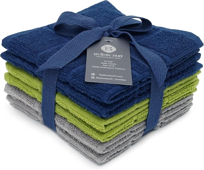 100% Cotton Terry Dish Cloth & Dish Towel, 6 Pack, Super Soft and Absorbent by Ecotribe