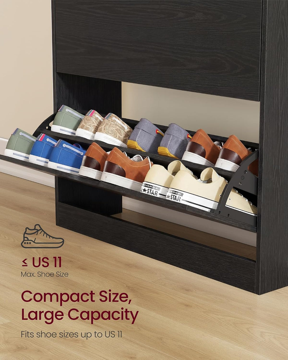 VASAGLE Shoe Cabinet with 3 Flip Drawers, Holds up to 24 Pairs of Shoes