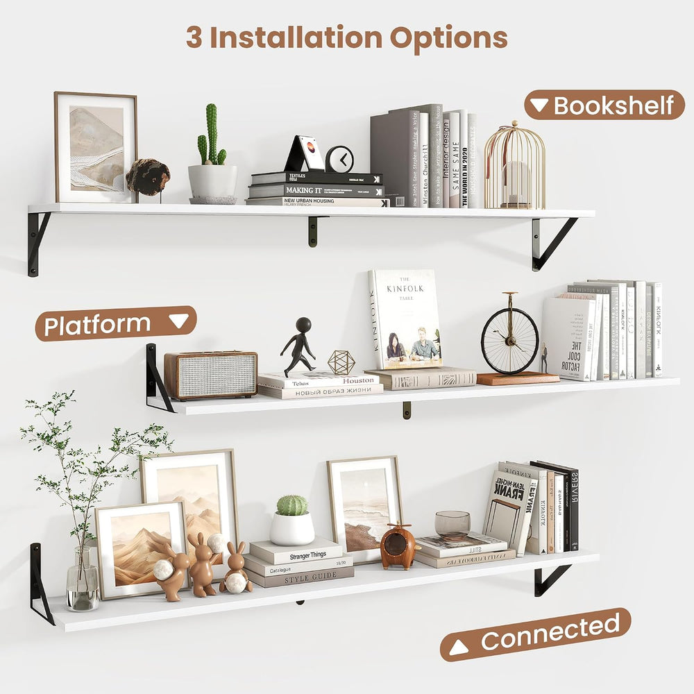 Axeman 48 Inch Floating Shelves, 8 Inch Deep White Wall Shelves Set of 2