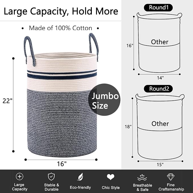 YOUDENOVA Woven Rope Laundry Hamper Basket, 72L Tall Laundry Basket, Baby - Image 3