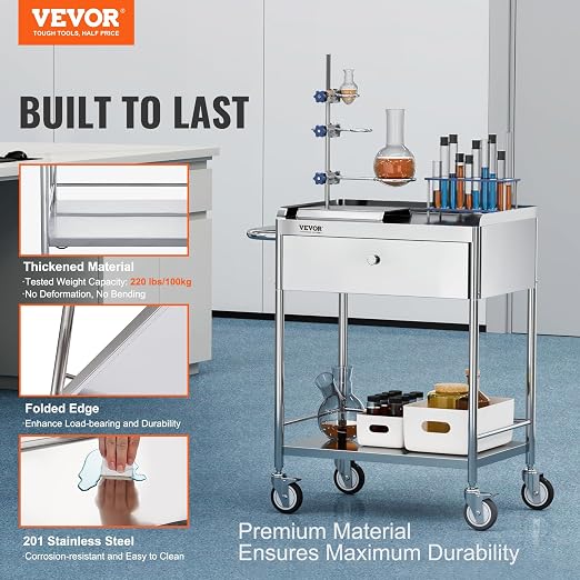 VEVOR Medical Cart, 2-Layer Stainless Steel Cart 220 lbs Weight Capacity - Image 2