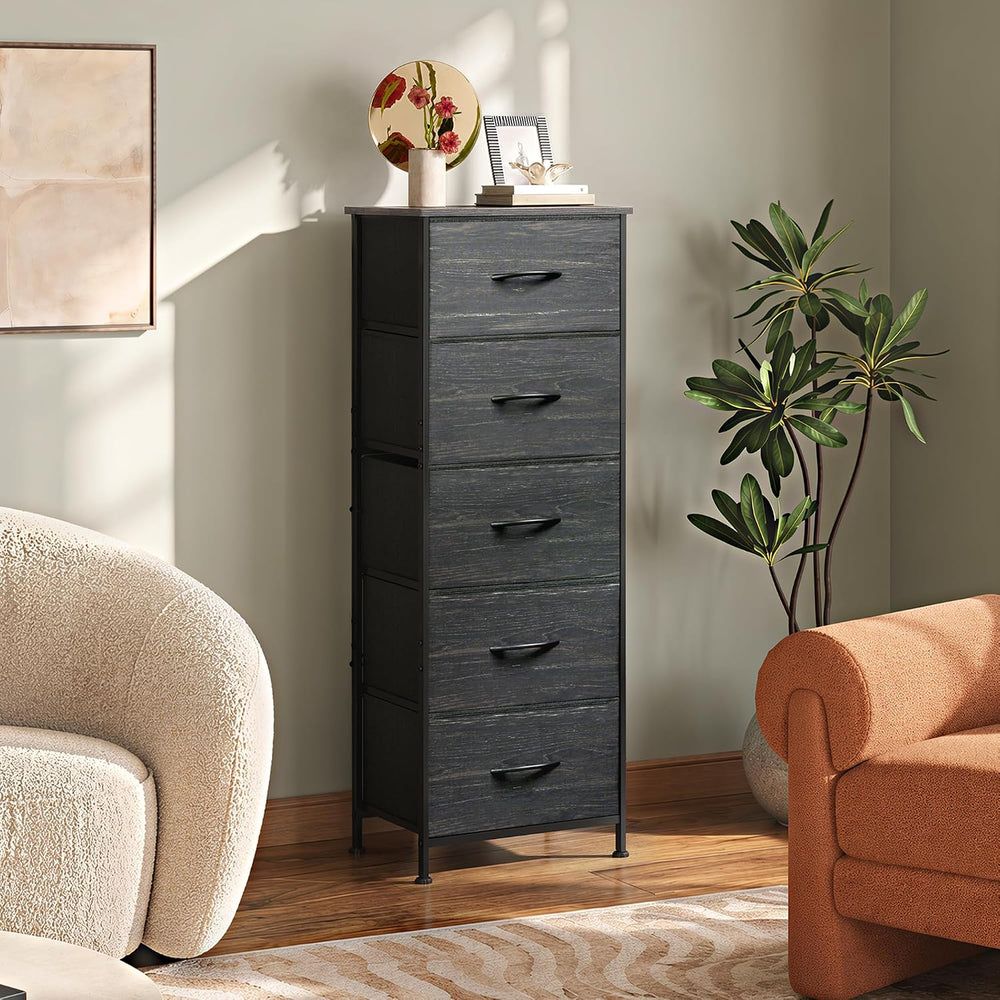 WLIVE 5 Drawer Dresser for Bedroom, Tall Chest of Drawers, Black Wood Grain