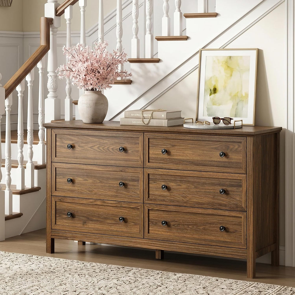 Walnut 6 Drawer Dresser for Bedroom, 55" Wood Chests of Drawers for Hallway