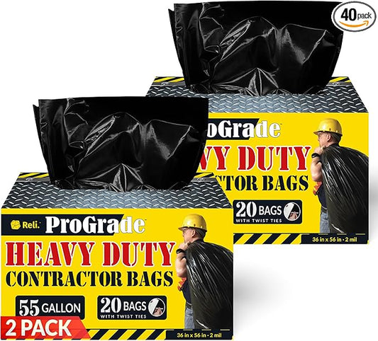 Reli. Contractor Garbage Bags 55 Gallon | 40 Trash Bags | Heavy Duty | Black by Reli