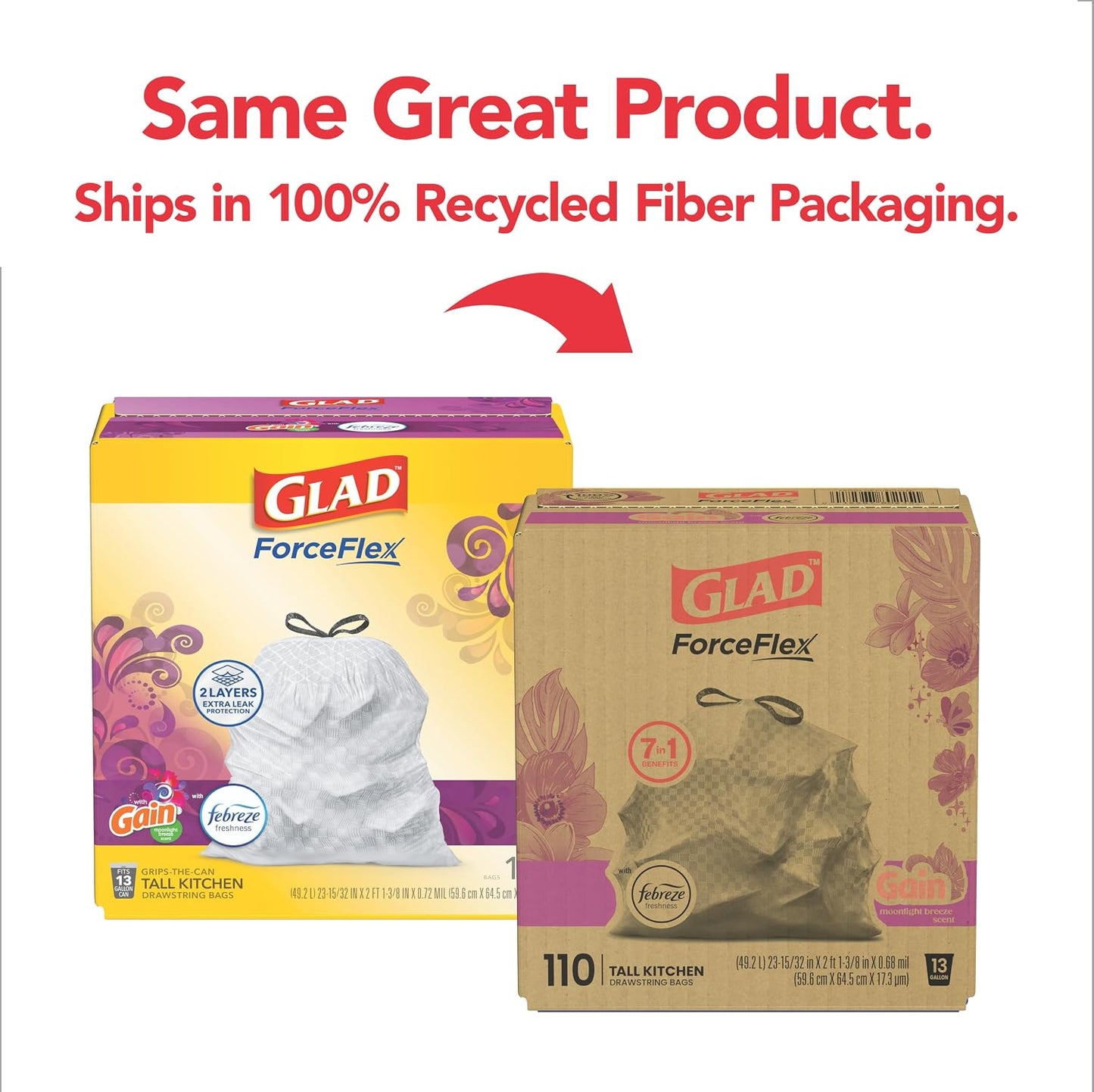 Glad ForceFlex Tall Kitchen Trash Bags, 13 Gallon, Gain Moonlight Breeze, 110 Ct (Package May Vary)