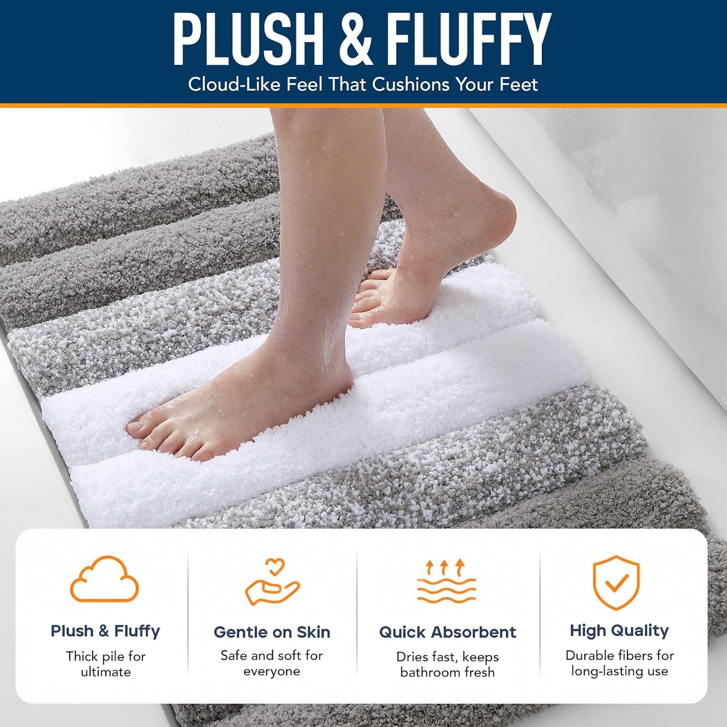 XIYUNTE Thick Bathroom Rug - 24x16 Extra Soft Gray and White Microfiber Bath Rugs, Quick Dry Super Absorbent Rubber Backing, Non Slip Washable Bath Mat for Floor Tub Shower
