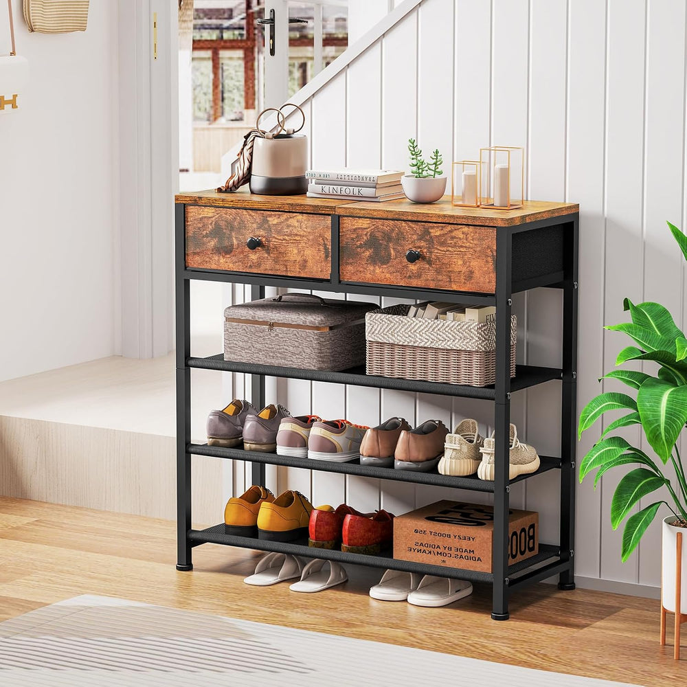 usikey Shoe Rack, 4 Tier Shoe Storage Organizer with 2 Drawers, Metal Shoe Sh...