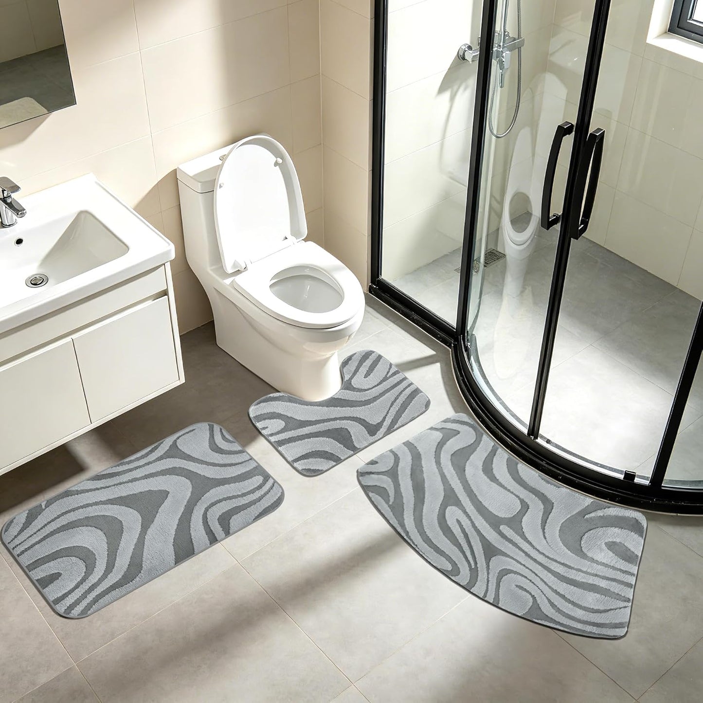3Pcs Curved Bathroom Rug Set, Absorbent Non Slip U-Shape Toilet Mat, Soft Microfiber Bath Rug, Machine Washable