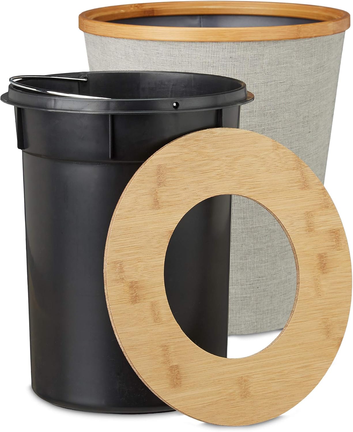 Relaxdays Bamboo Trash Can, Round Waste Bin with Insert and Magnetic Lids, 35 cm Tall, Natural/Grey
