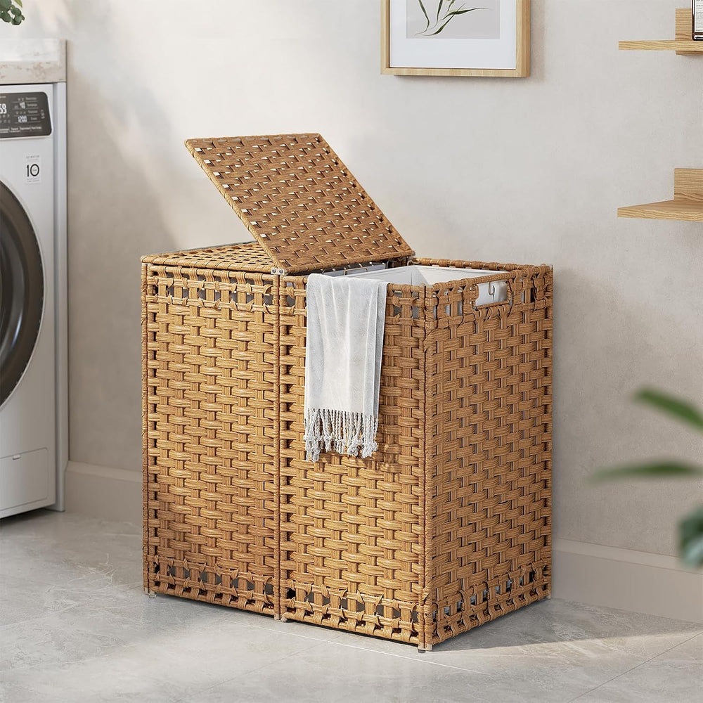 130L Foldable Laundry Hamper with Lid - Handwoven Rattan Storage Basket, 2-Se...