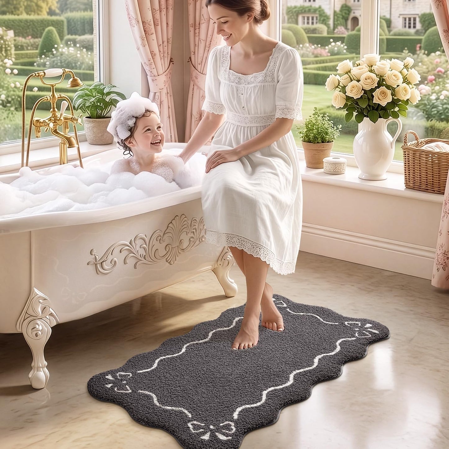 LUMI Scalloped Bathroom Rug, Cute Plush Microfiber Bath Mat, Super Absorbent & Quick Dry Shower Mat, Machine Washable Floor Carpet for Tub, Dark Grey, 24"x36"