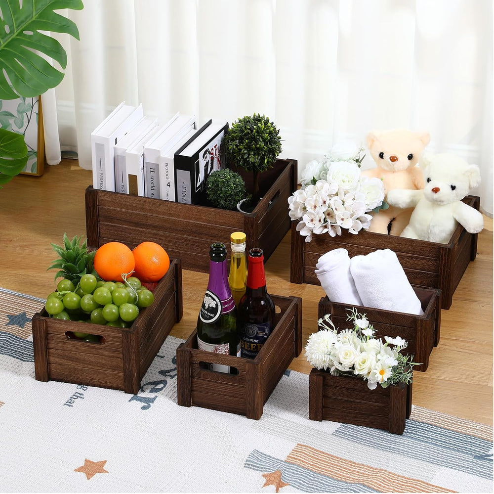 AceOrbit 6 Pcs Decorative Wood Crates with Handle for Display, Dark Brown
