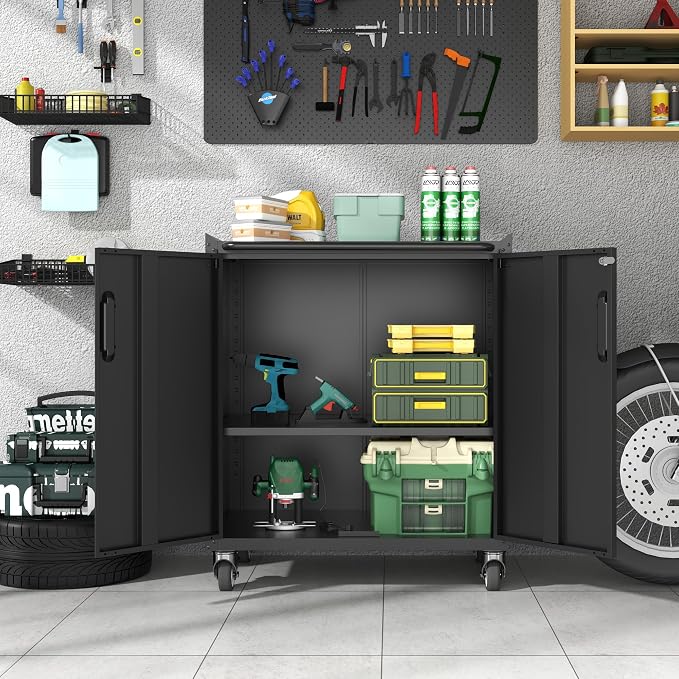 Metal Storage Cabinet with Wheels, Lockable Garage Cabinet with Doors and - Image 2