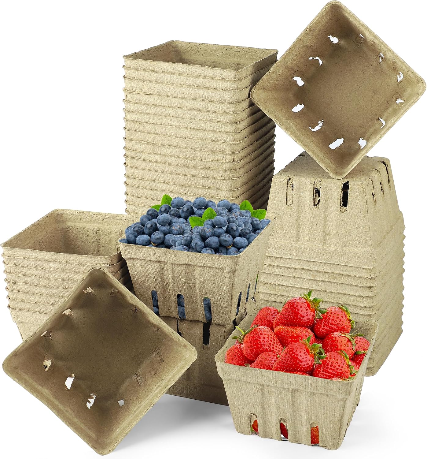 50 Pack Natural Pulp Fiber Berry Basket Small Strawberry Basket Molded Berry Baskets Produce Vented Container for Blueberry Raspberry Egg Vegetable Farmer Market Grocery Store Backyard Party