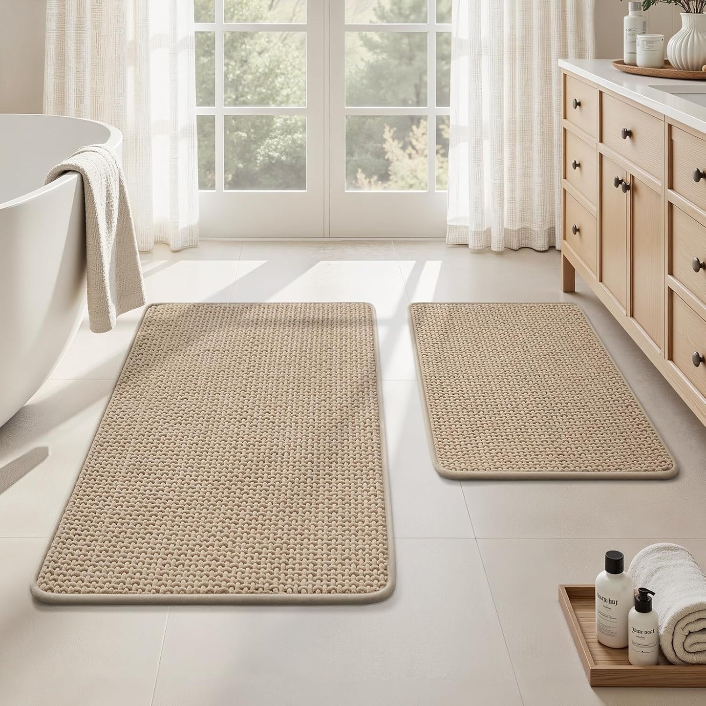 HOMEIDEAS Bathroom Rugs Set 2 Piece, Ultra Thin Non-Slip Bath Mats Rubber Backed, Chenille Absorbent Quick Dry Mats for Shower & Vanity, Low Profile Fits Under Door (Beige, 32"x20"+24"x17")
