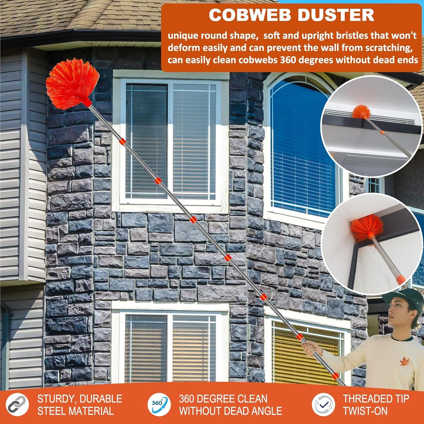 20 Feet High Reach Duster Kit with 2-14 ft Extension Pole, Cobweb & Corner Brush Cleaning Duster Kit for Cleaning, Microfiber Feather Duster Cleaner with Washable Head for Ceiling Fan, Furniture, Home