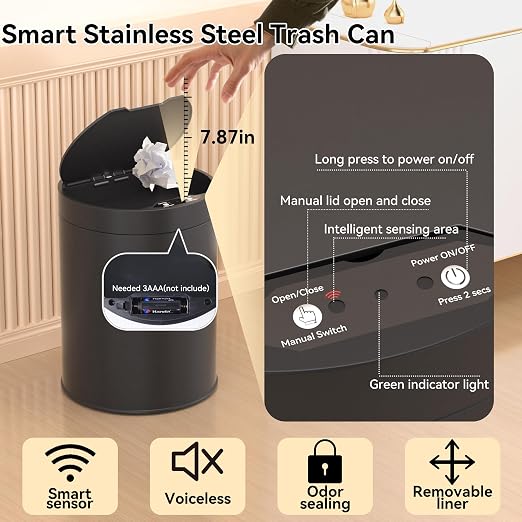 Bathroom Trash Can with Lid 2.6 Gallon Stainless Steel TrashCans Automatic - Image 3