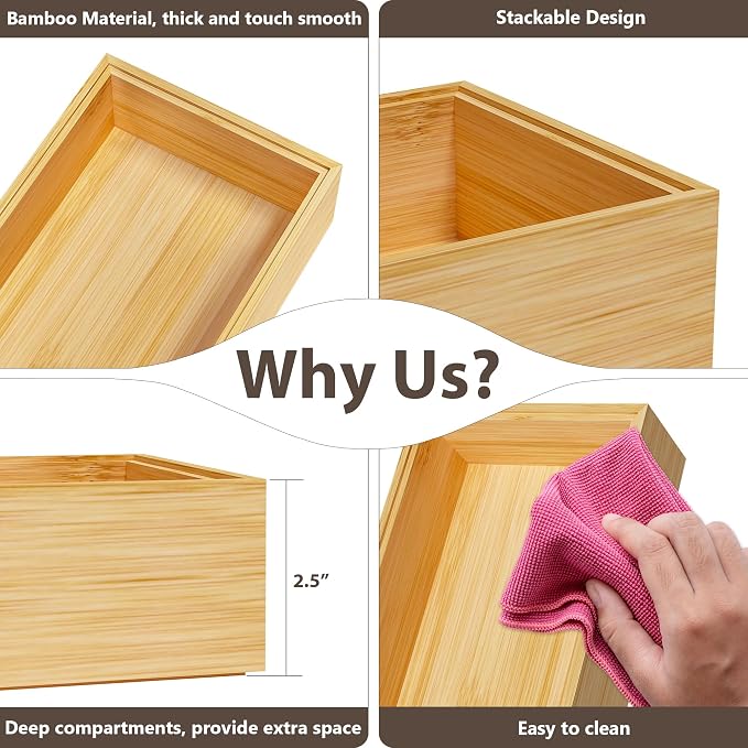 Kitchen Drawer Organizer Tray, Stackable Bamboo Deep Drawer Organizer - Image 9