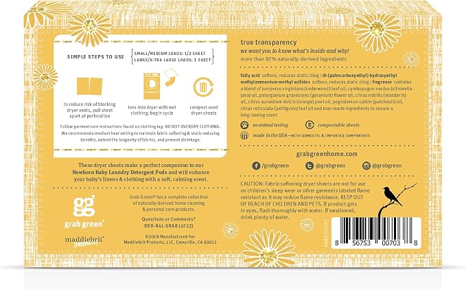 Grab Green Newborn Baby Dryer Sheets, 40 Sheets, Chamomile Scent, Plant and - Image 2