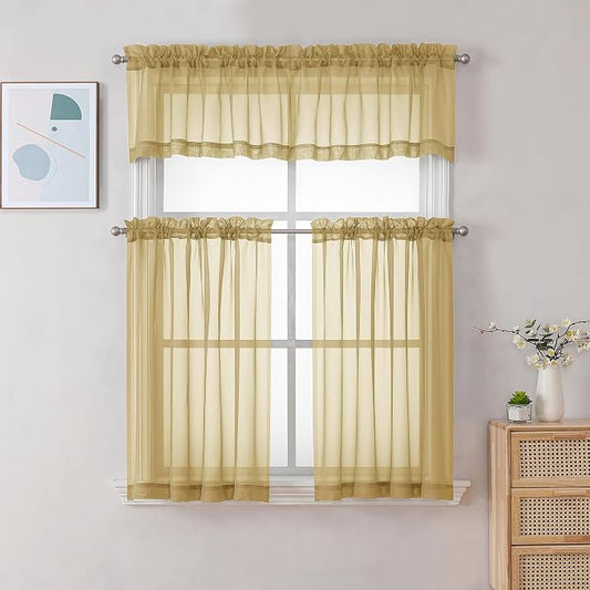 Chyhomenyc Gold Sheer Curtains 36 inch Length 2 Panels Set, Light Filtering - Image 2