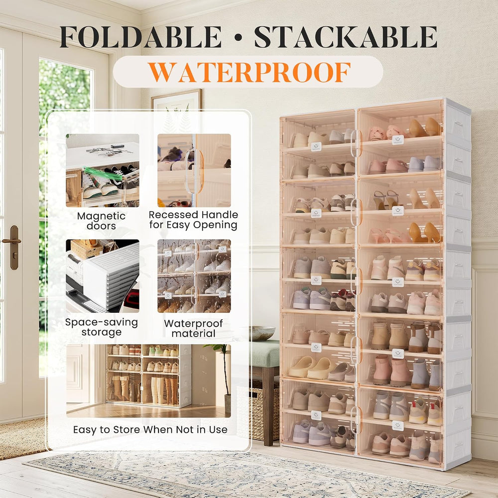 Foldable Shoe Organizer Storage Cabinet with Clear Magnetic Doors, Stackable ...