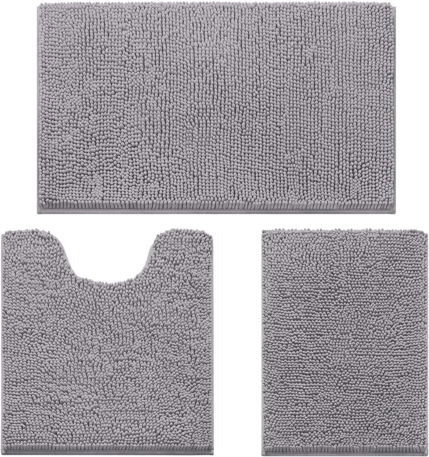HOMEIDEAS 3 Pieces Bathroom Rugs, Soft Thick Absorbent Chenille Bath Mats, Washable Non-Slip Floor Rugs for Shower & Bath, Grey