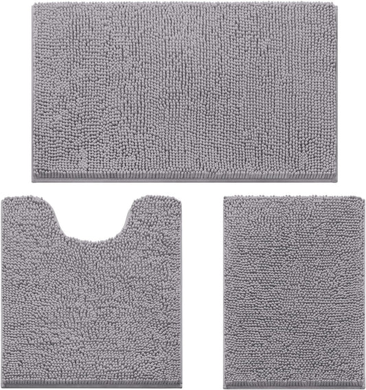 HOMEIDEAS 3 Pieces Bathroom Rugs, Soft Thick Absorbent Chenille Bath Mats, Washable Non-Slip Floor Rugs for Shower & Bath, Grey