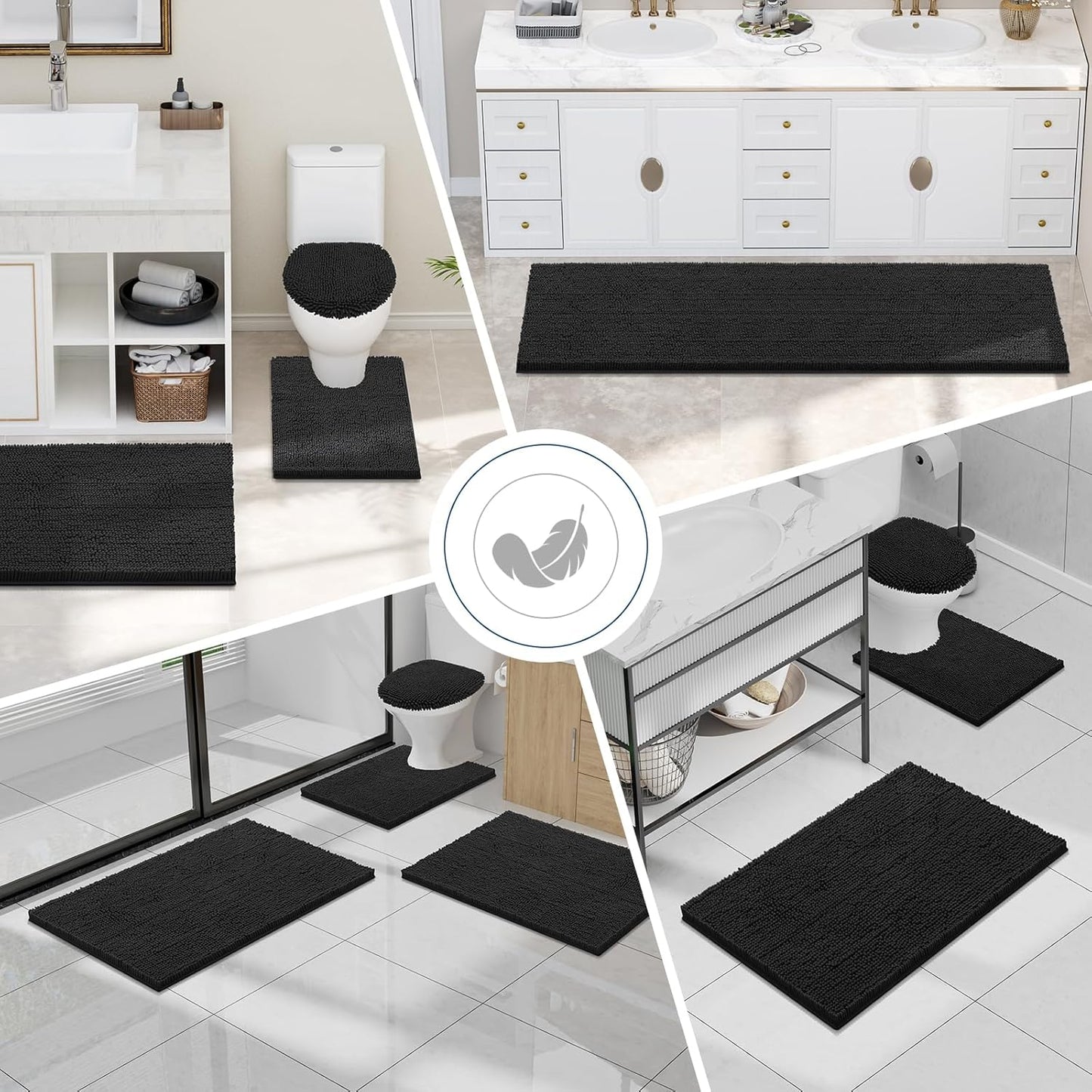 Smiry Luxury Chenille Bathroom Rugs 30x20, Extra Soft and Absorbent Shaggy Bath Mat, Machine Washable, Non-Slip Plush Carpet Runner for Tub, Shower, and Floor, Home Decor Accessories, Black