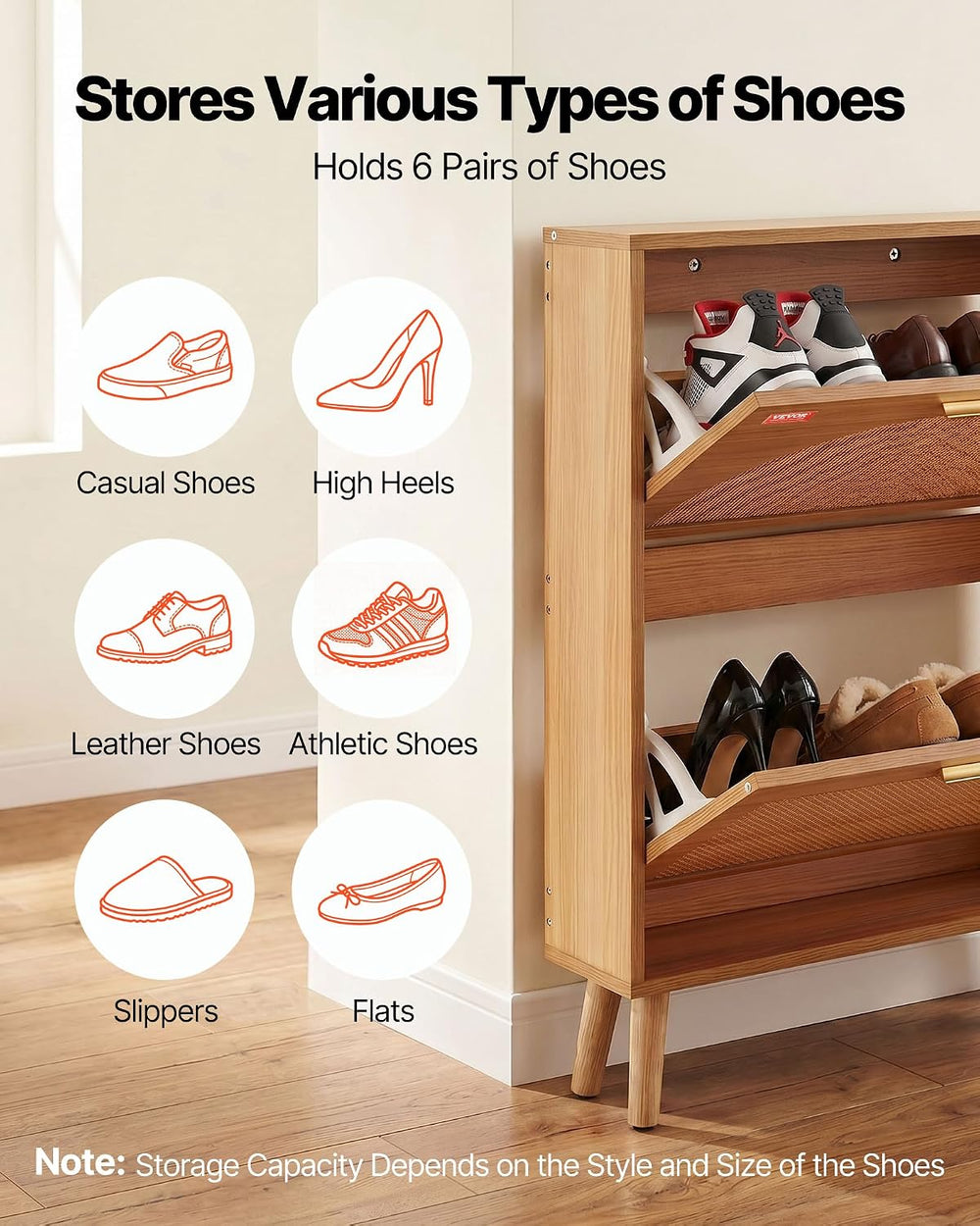 VEVOR Shoe Cabinet with 2 Flip Drawers, Shoe Storage Cabinet for Entryway, Fr...