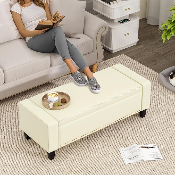 48.8" Storage Ottoman Bench Cream White | Faux Leather Bedroom Bench - Image 6