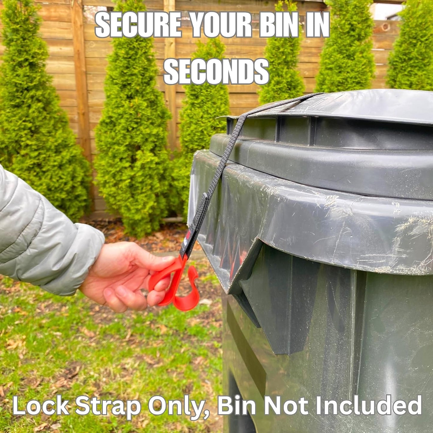 MAX Heavy Duty Trash Can Lock – Raccoon Proof Garbage Bin Lid Lock, Animal Resistant, Extreme Weather Polycarbonate, One-Hand Easy Use, No Drill Strap – Lock ONLY (Bin Not Included)