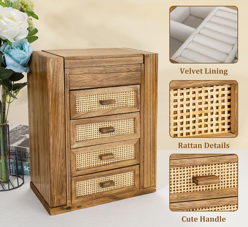 Jewelry Organizer, Rattan Jewelry Box, 5 Layer Wooden Jewelry Organizer Box w...