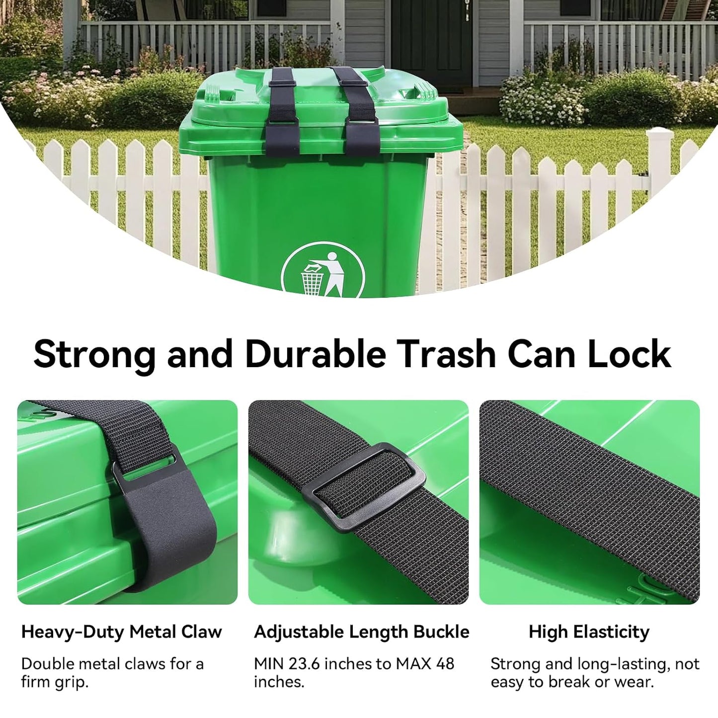 2PCS Trash Can Locks for Animals，Bear Proof Trash Can Locks with Durable Metal Claws, Adjustable Strap Fit for Most Outdoor Garbage Cans (28-96 Gallon)
