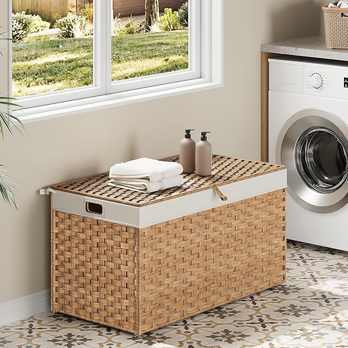 HOOBRO Storage Basket with Lid, 42.3 Gallon Wicker Basket, Handwoven Blanket - Image 2