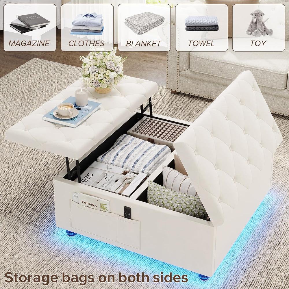 Dnxao 31.5 Inch Large Square Ottoman with Storage and Removable Tray, Beige