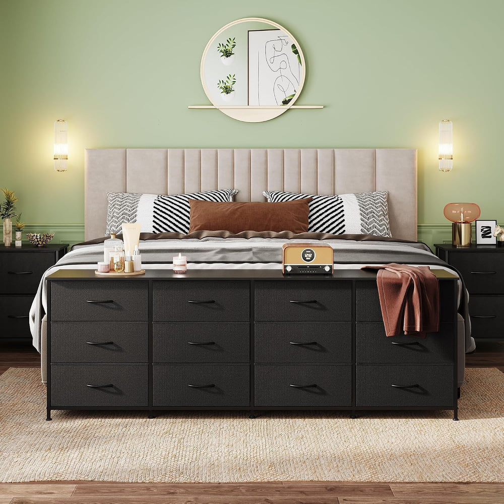 WLIVE Long Dresser TV Stand for 85 Inch TV, 12 Drawer Dresser, Black