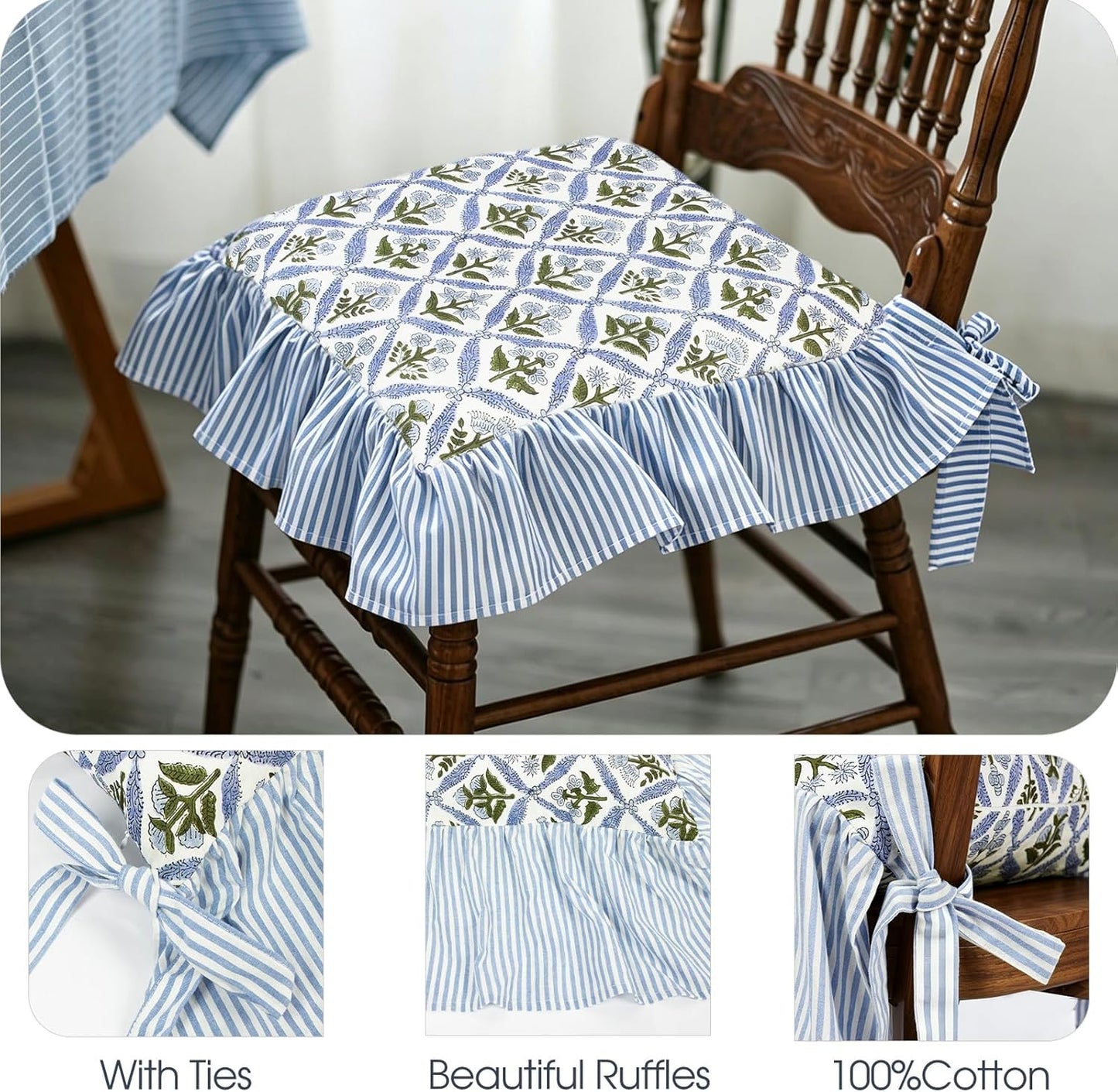 4 Pcs Ruffle Chair Cushion Covers Cotton Blend 17.5"x17.5", Floral Block Print Decoration Farmhouse French Style Seat Covers with Tie Backs for Kitchen Dining Chairs
