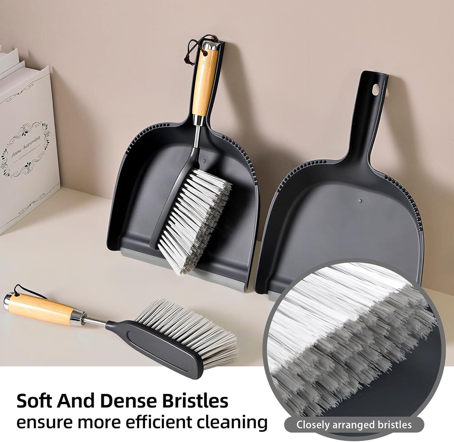 Hand Broom and Dustpan Set with Bamboo and Stainless Steel Handle, PET Bristles, Portable Cleaning Kitchen Countertops, Table Tops,Crumbs,beds,Sofas,Camping,Cars and Animal Cages