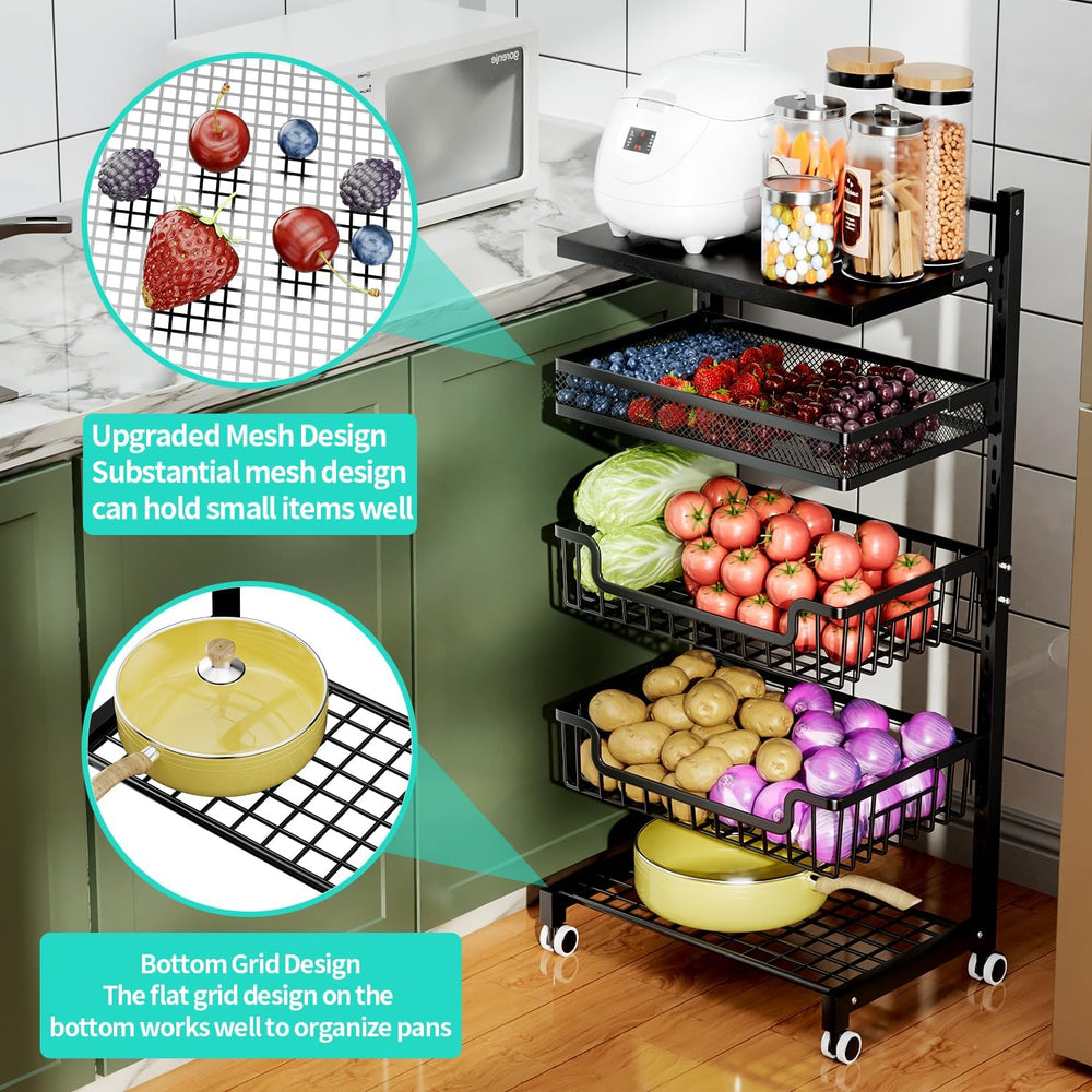 HapiRm Fruit Basket Kitchen Cart - 5 Tier Adjustable Vegetable Storage Rack, ...
