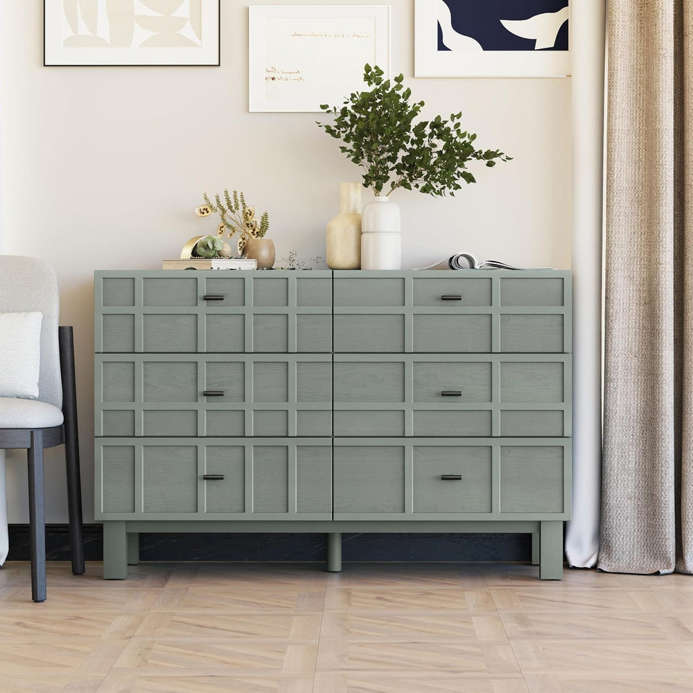 Aoikax Modern 6 Drawer Double Dresser with Grid Carved Pine Front, Minimalist...