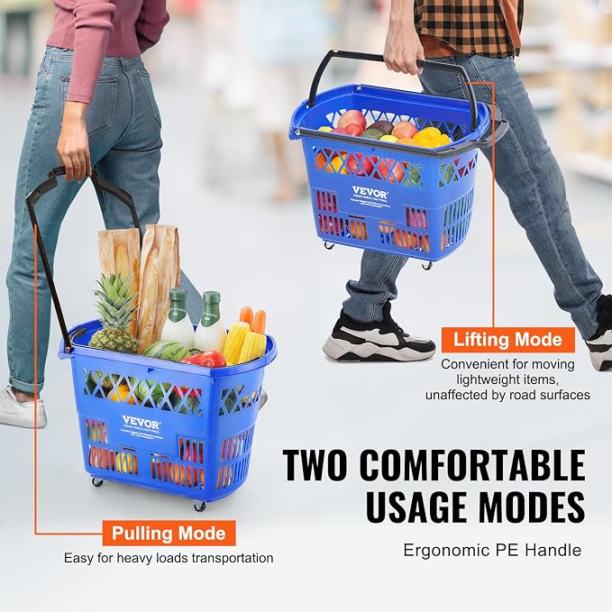 VEVOR Shopping Carts with Handles, 39L Plastic Rolling Shopping Basket with - Image 5