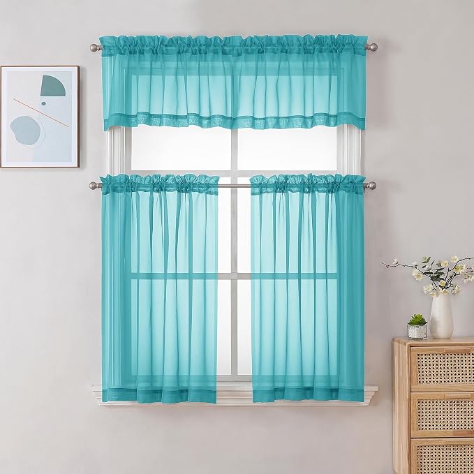 Chyhomenyc Turquoise Sheer Curtains 30 inch Length 2 Panels, Light Filtering - Image 2