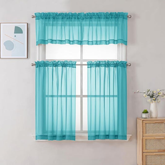 Chyhomenyc Sheer Turquoise Tier Curtains 24 Inch Length, Small Window Curtains - Image 2
