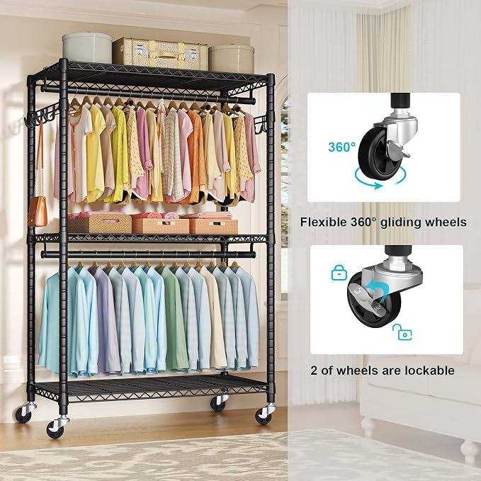 FUTASSI P1 Plus Rolling Clothes Rack, 22mm Diameter Heavy Duty Garment Rack - Image 3