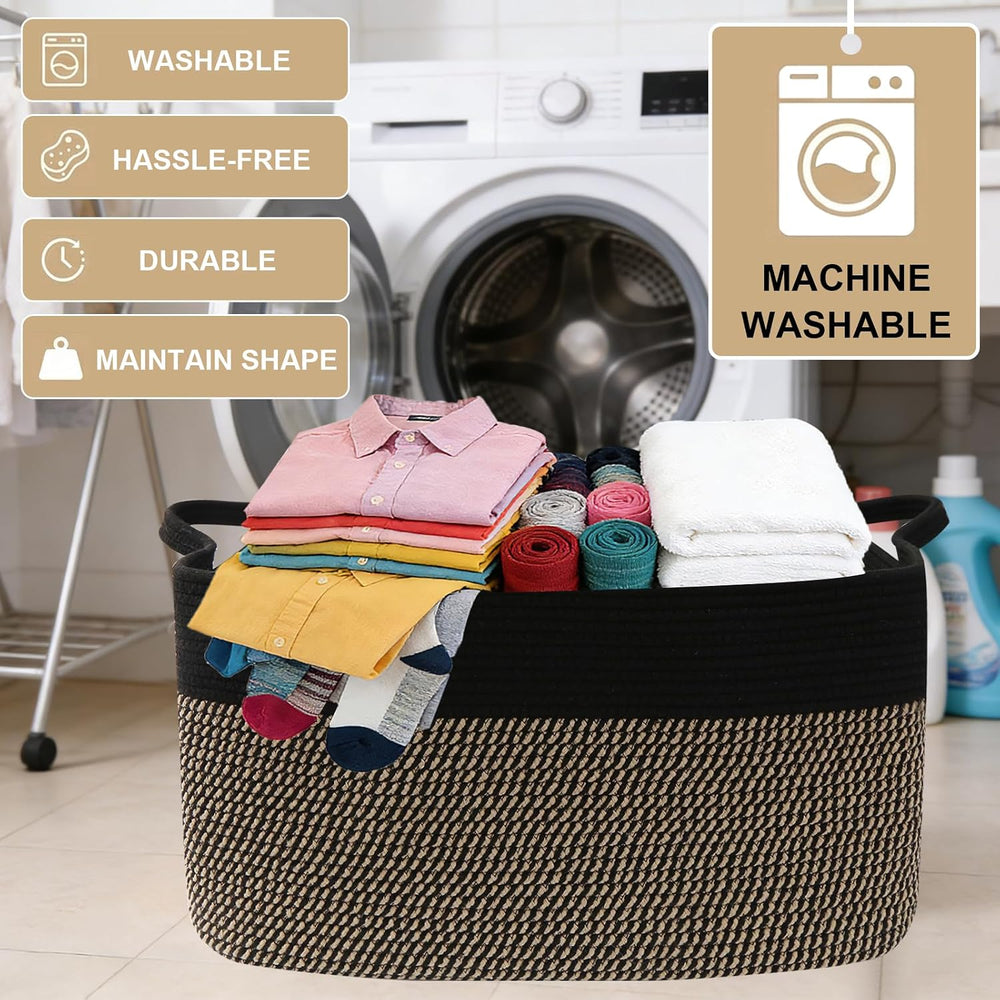 96L Laundry Basket with Handles, Extra Blanket Basket, Black/Jute