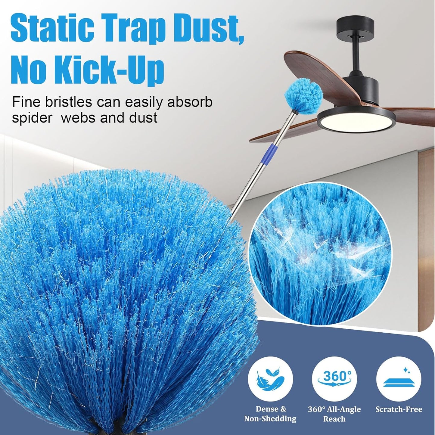 Cobweb Duster with Extension Pole - 6 FT Lightweight Stainless Steel Extendable Duster Ceiling Fan Duster for High Ceilings, Medium Stiff PET Bristle Spider Web Brush for Indoor/Outdoor Cleaning