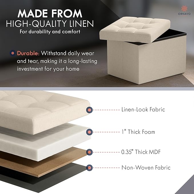 Ornavo Home Small Storage Ottoman, Foldable Collapsible Rectangle Linen Ottoman - Image 4