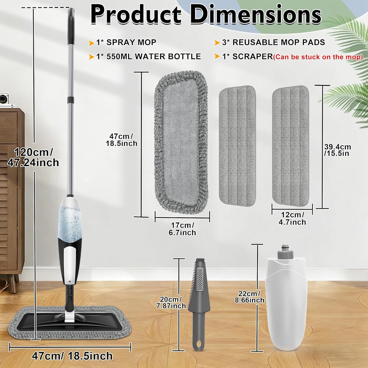 Spray Mop for Floor Cleaning: Microfiber Wet Dry Mop for Hardwood Laminate Tile Wood Vinyl, 360° Swivel Head Lightweight Flat Floor Mops with 3 Washable Reusable Pads & Refillable Bottle
